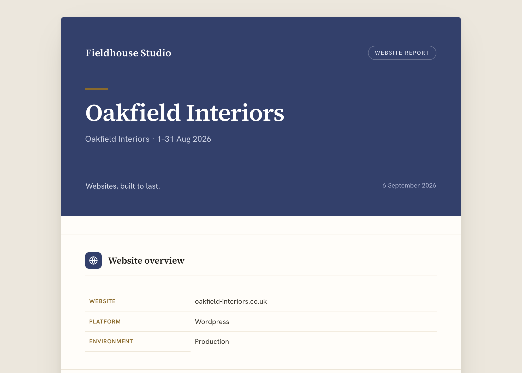 The cover and overview of a report Client Reporter generated, in the agency's own branding